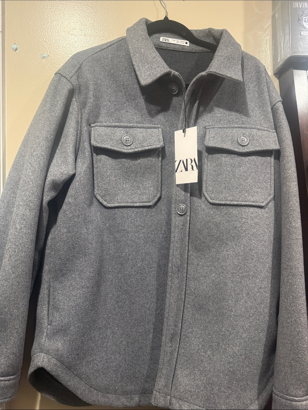 ZARA Gray Men's Shirt Jacket with Chest Pockets